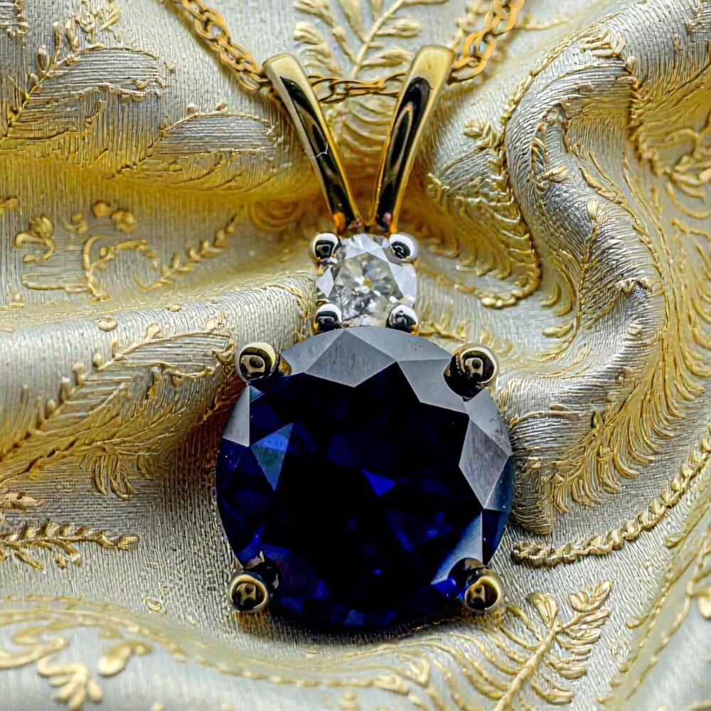 ESTATE- 10K Gold -LARGE Blue Sapphire & Natural Diamond Necklace -18"- 1.6CTTW